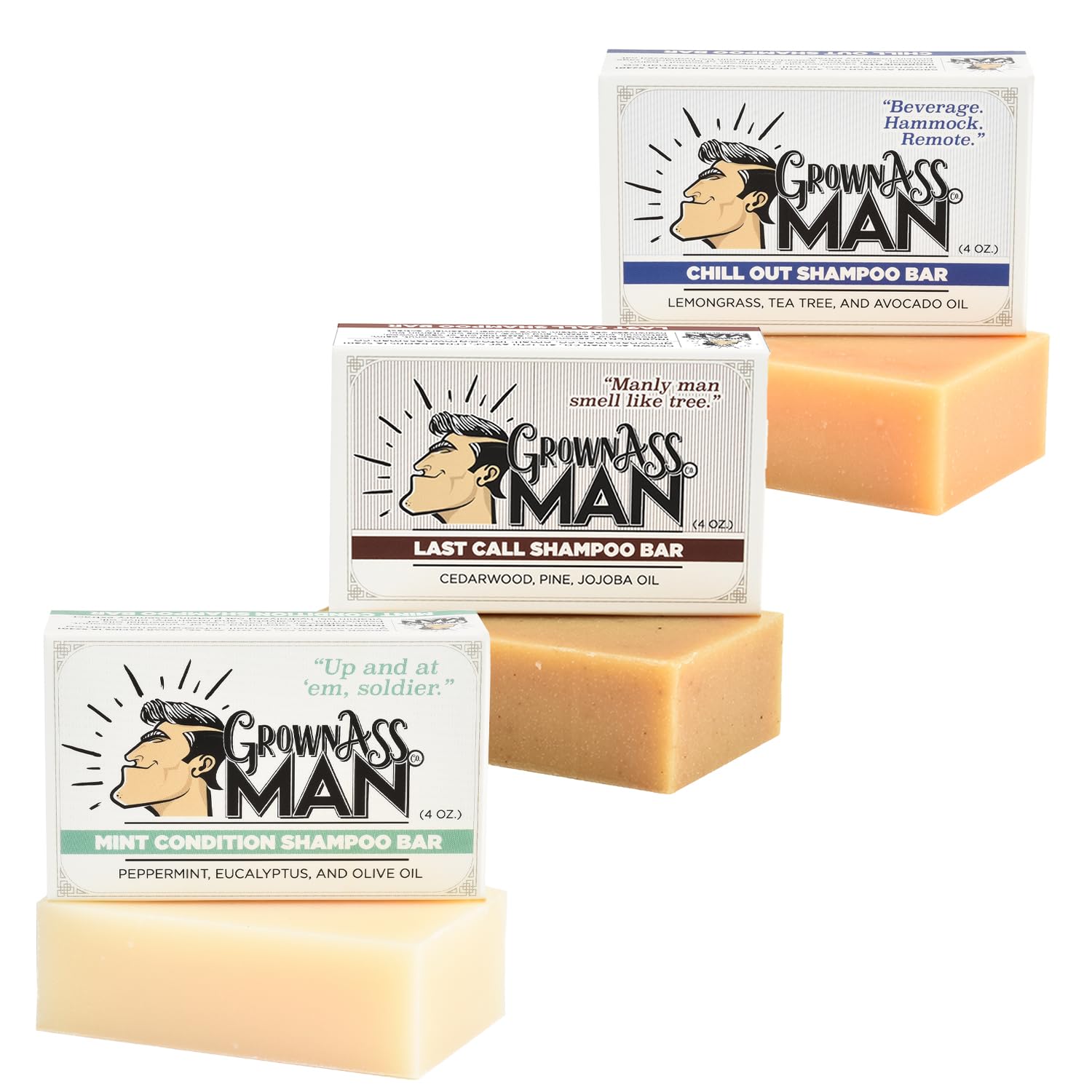 Grown Ass Man Co. - Solid Shampoo Bar Rich Lather 3 in 1: Hair, Beard & Body Wash - Plastic Free & Eco-Friendly, Natural & Organic Clean for All Hair Types, 4oz Bar (Variety, 3-Pack)